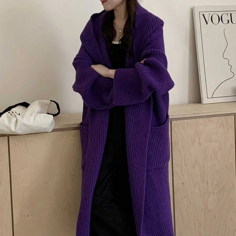 Women's loose hooded sweatshirt cardigan coat in acrylic fabric with extended 80cm length