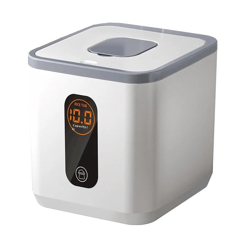 Grey plastic sealed rice storage container with measuring cup in three capacity sizes for kitchen use
