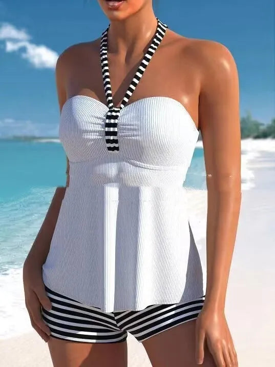 Black and white striped off-shoulder one-piece swimsuit for women