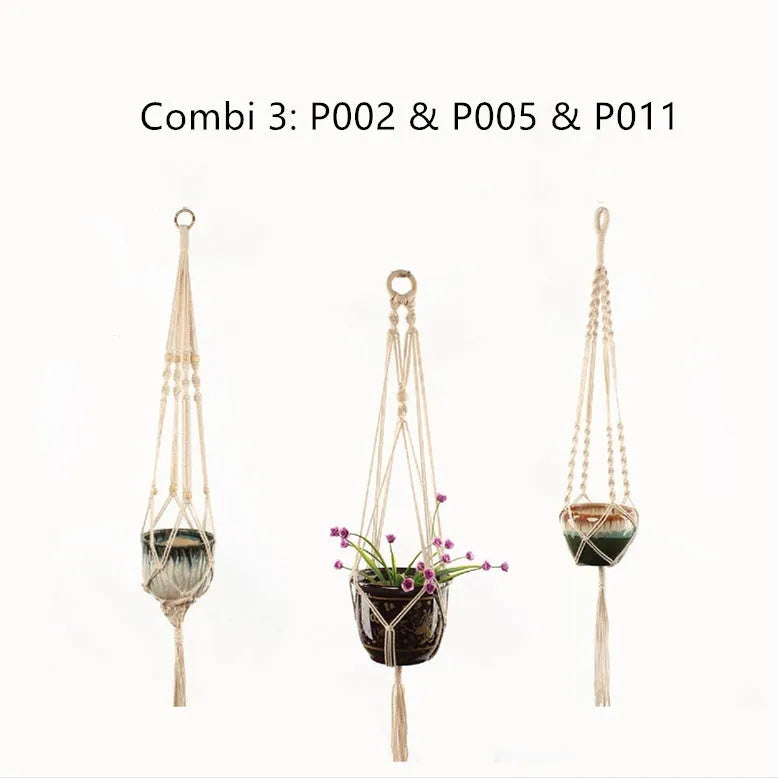 Cotton rope woven wire plant basket shown in desktop, wall hanging, and hanging basin styles.