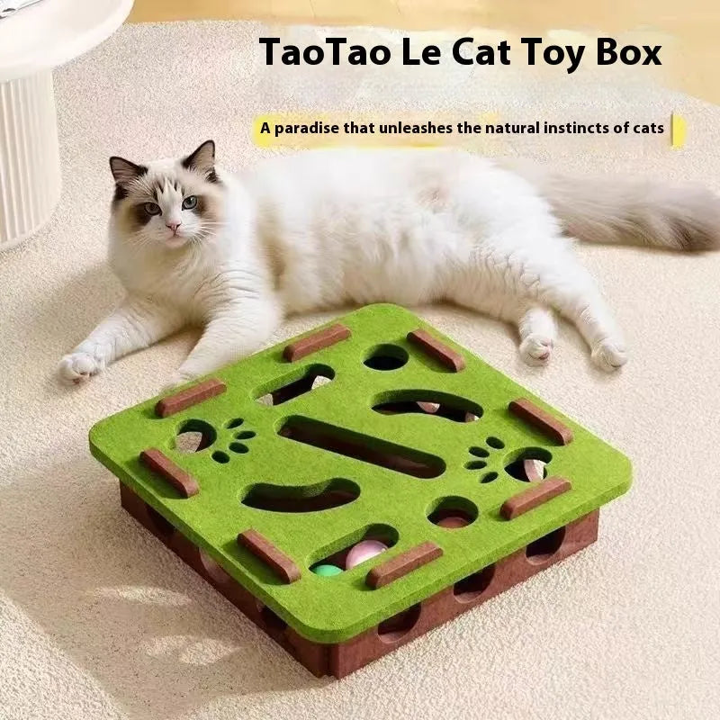 Rectangular felt cat scratch box with artifact holes measuring 30cm in neutral colours