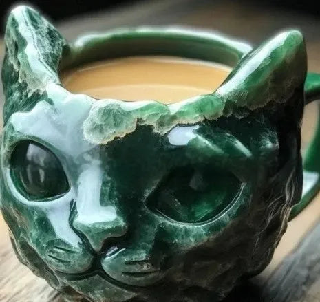 Synthetic resin geode mug with crystal pattern inside and cat design outside, shown in purple colour.