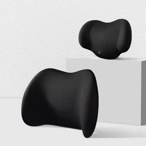 Memory cotton car headrest and back cushion set in black, green, grey, or pink colours.