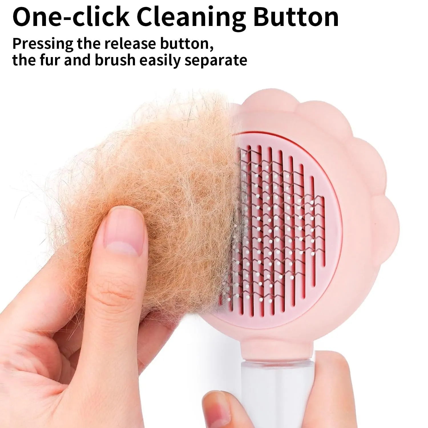 Grey spray cat brush with release button and stainless steel bristles for pet grooming