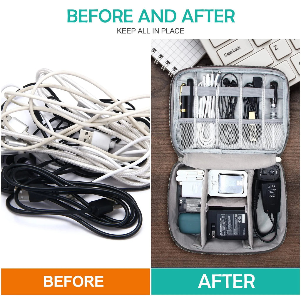 Black waterproof electronics organiser case open, showing mesh pockets, elastic loops, and removable padded dividers inside.