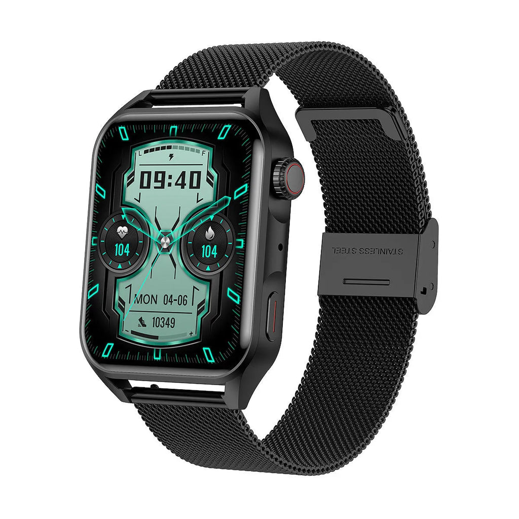 A pink smart watch with a 1.8-inch AMOLED screen on a silicone wrist strap, showing a multi-dial display.