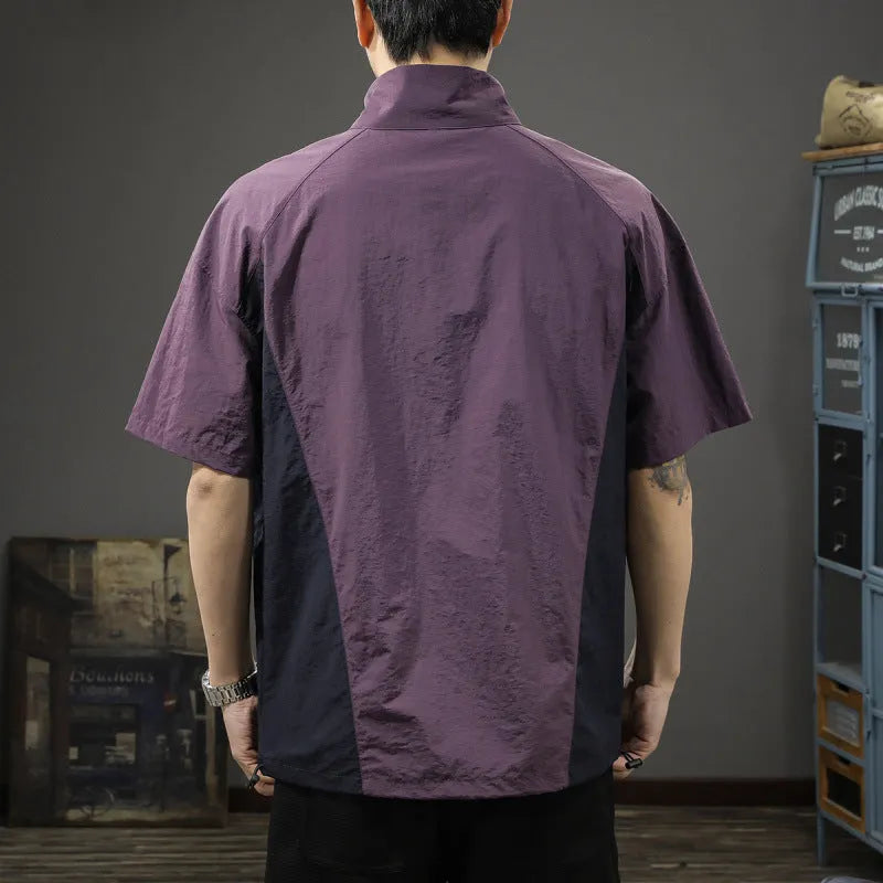 Men's brown half-zip stand collar business casual shirt with short sleeves and ice silk fabric