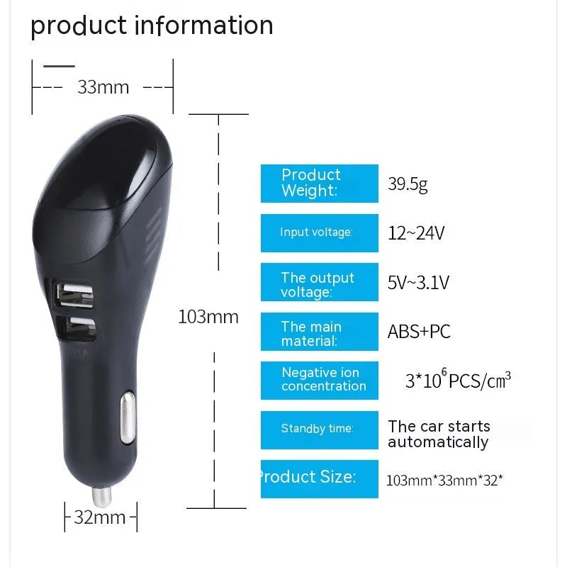 White car USB charger with negative ion air purifier showing compact design for vehicle installation