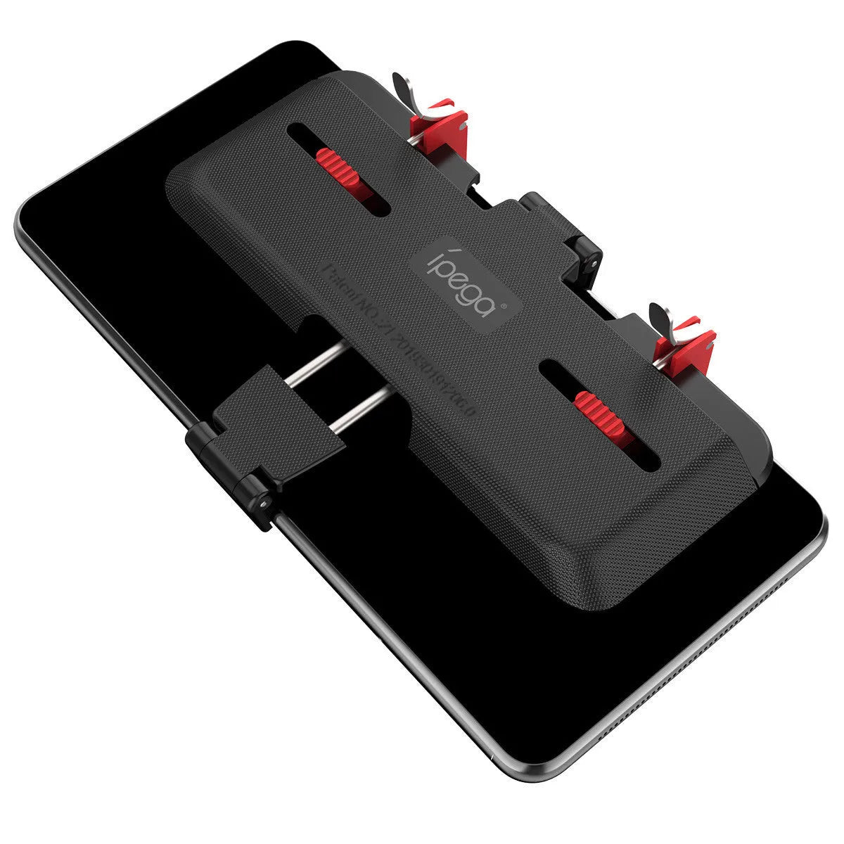 Black mobile phone game controller with adjustable metal trigger and telescopic fixing clip extended.