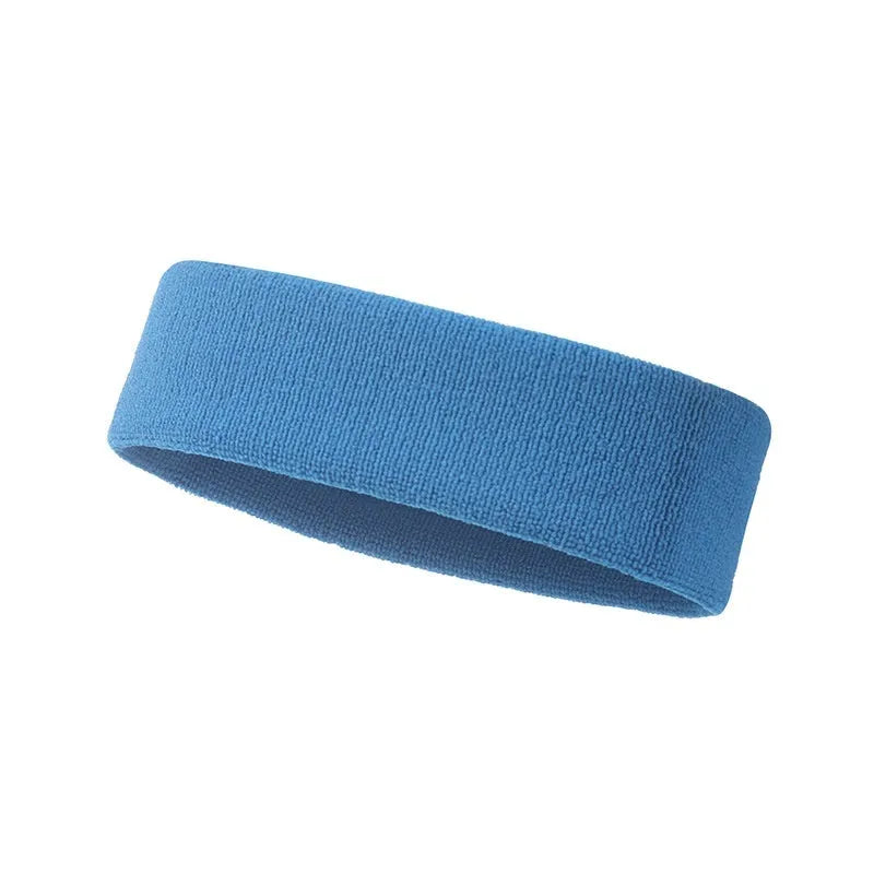 Elastic widening sports sweat band in solid colours: black, red, blue, rose red, sky blue.