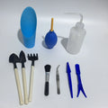 Succulent gardening tool set showing mini shovel, tweezers, watering can and transplant tools for small pot plants