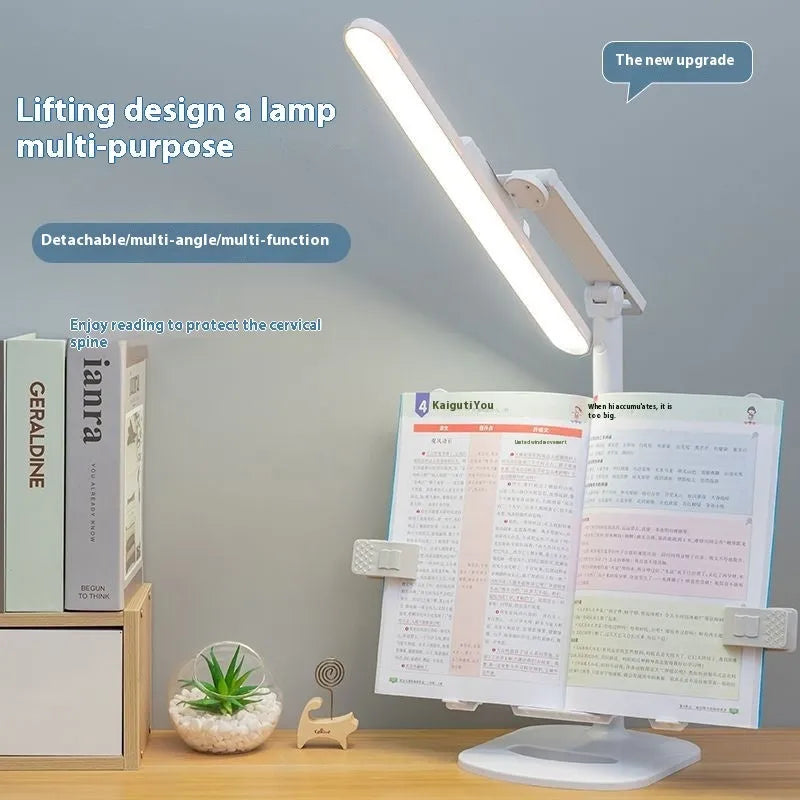 Adjustable desk lamp with integrated bookshelf showing three colour temperature settings and USB charging port