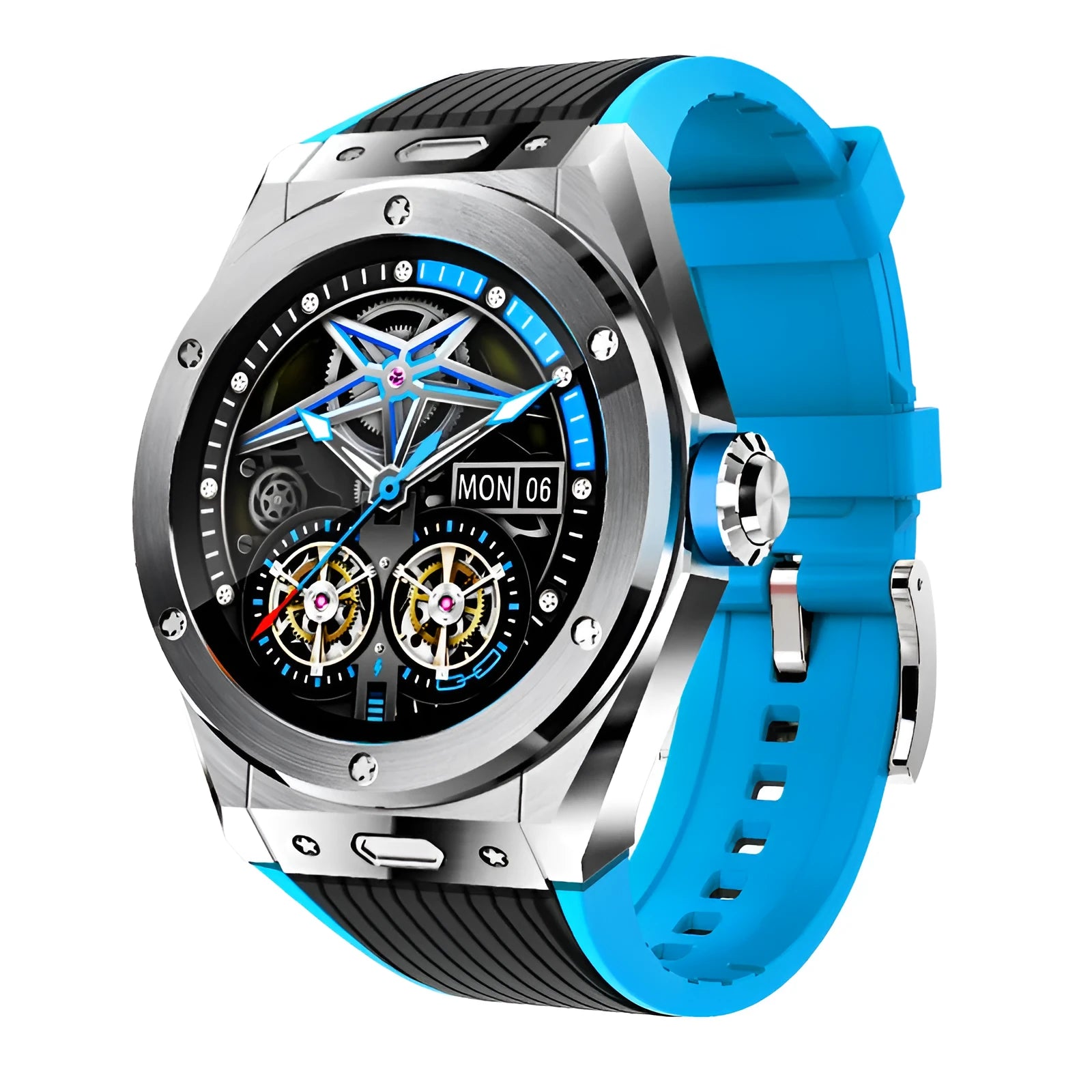 MV58 black Bluetooth smart watch with sporty silicone strap on a wrist, showing health metrics on screen.
