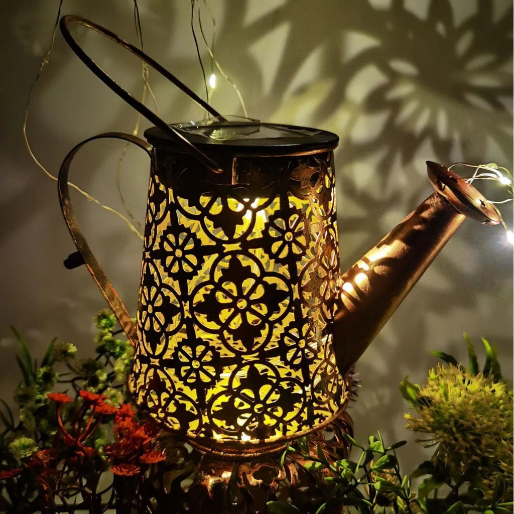 Solar-powered wrought iron kettle light with butterfly design for outdoor courtyard decoration