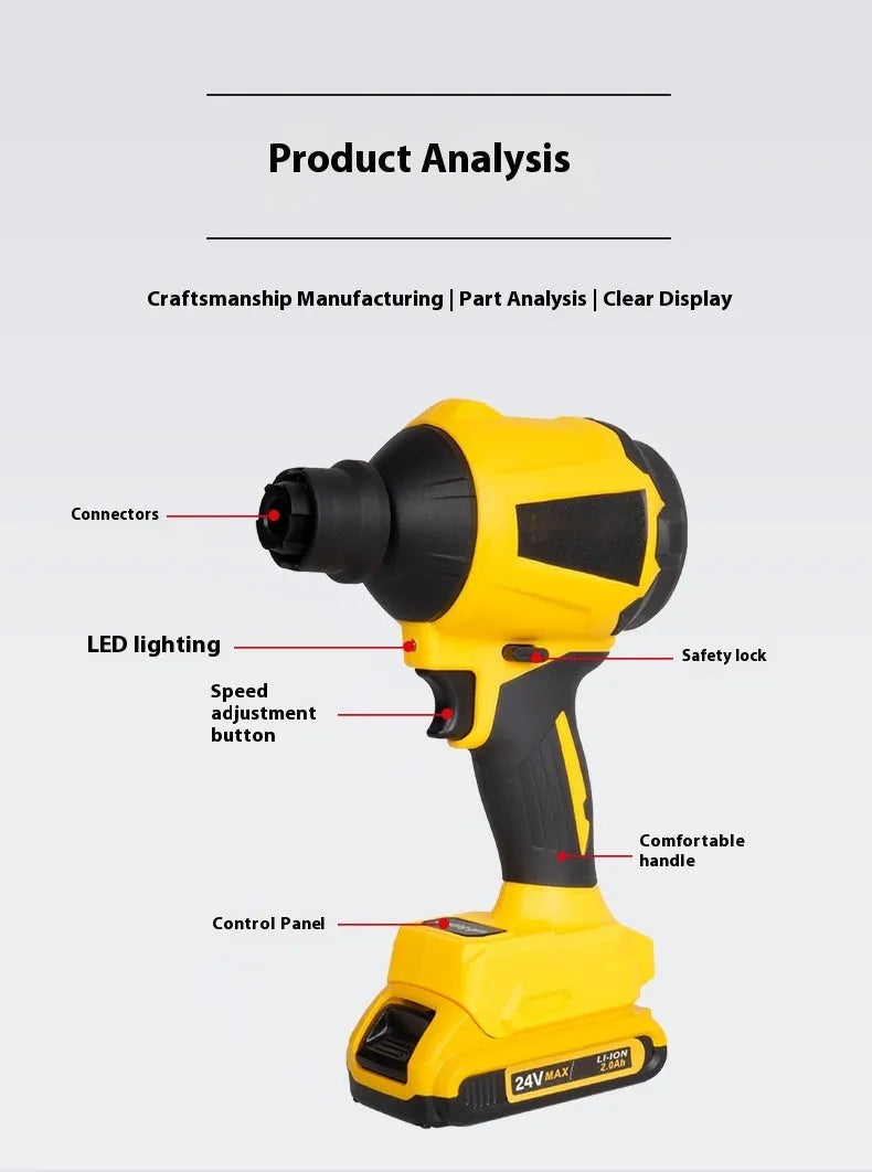Yellow cordless dust gun with 680W power for office and household cleaning applications
