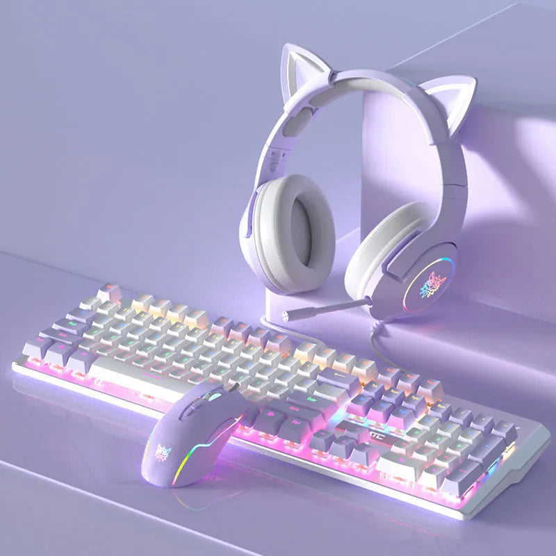 White and purple LED backlit mechanical keyboard and wired mouse set on a desk.