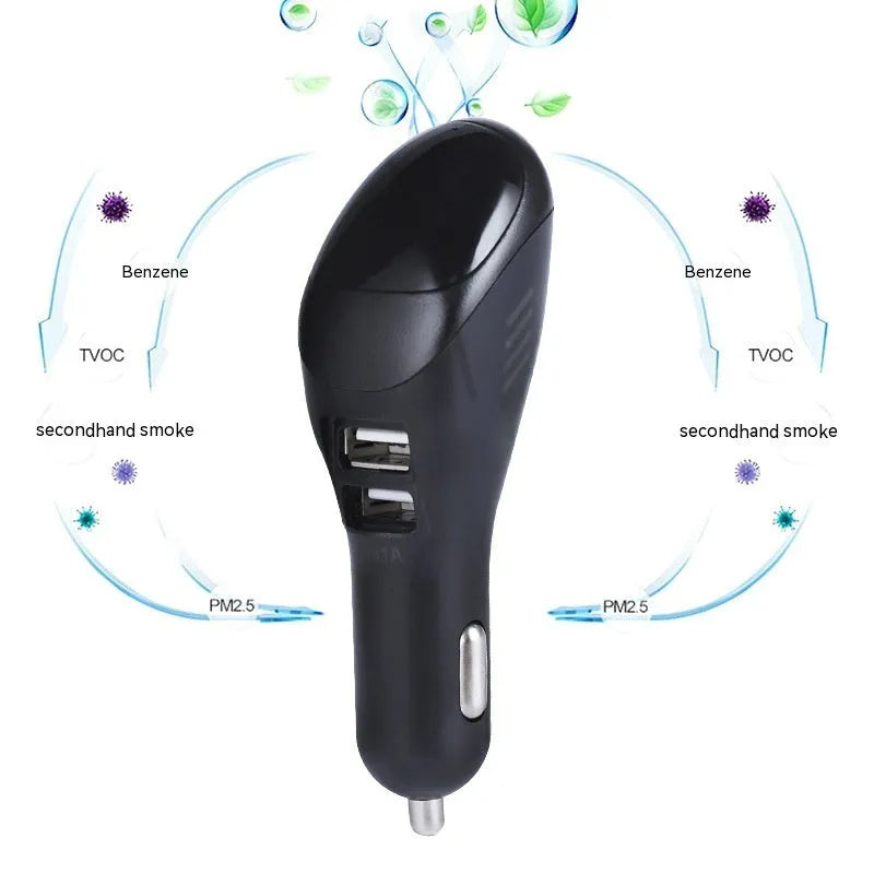 White car USB charger with negative ion air purifier showing compact design for vehicle installation