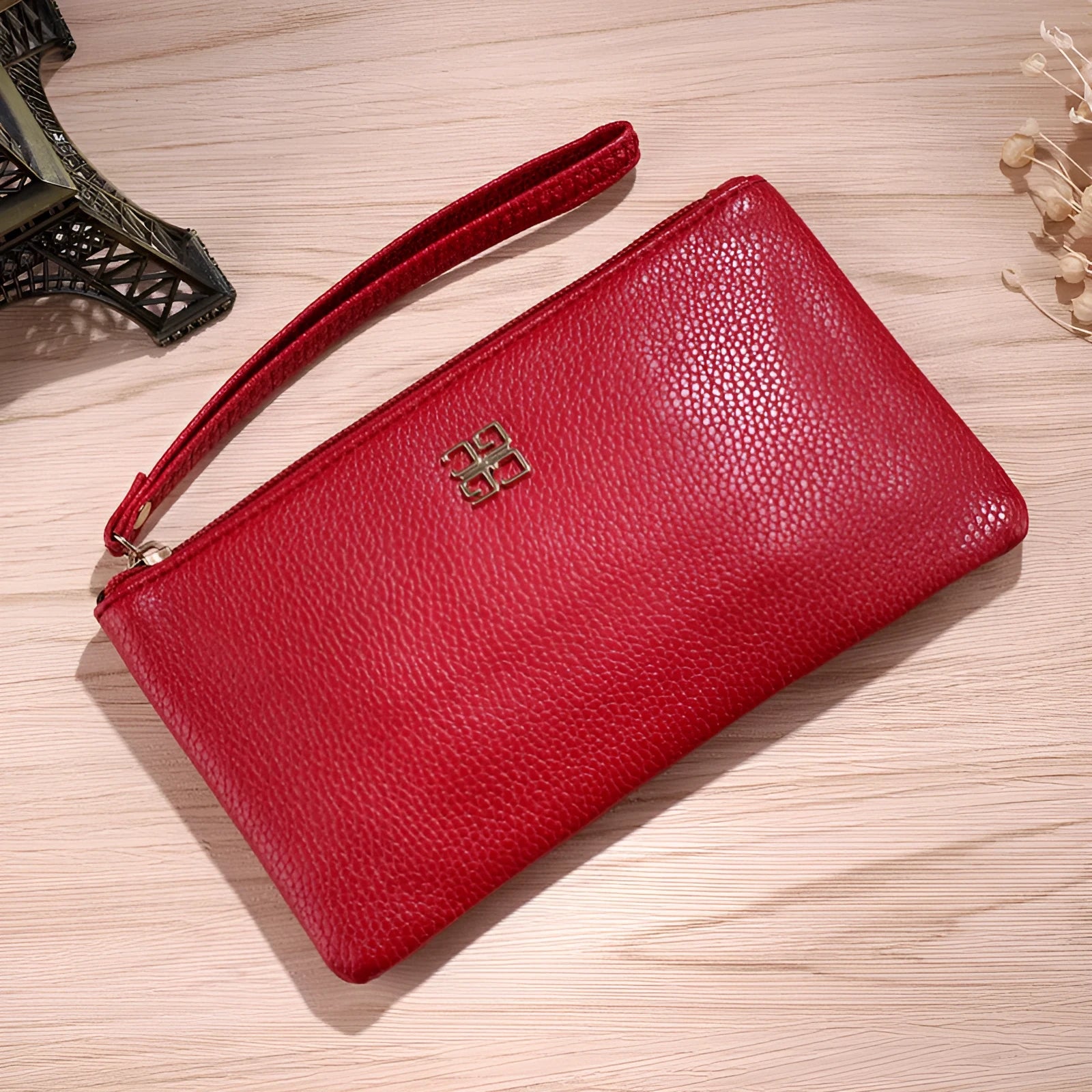 Long 55-inch PU leather phone wallet handbag with zipper, shown in a choice of colours.