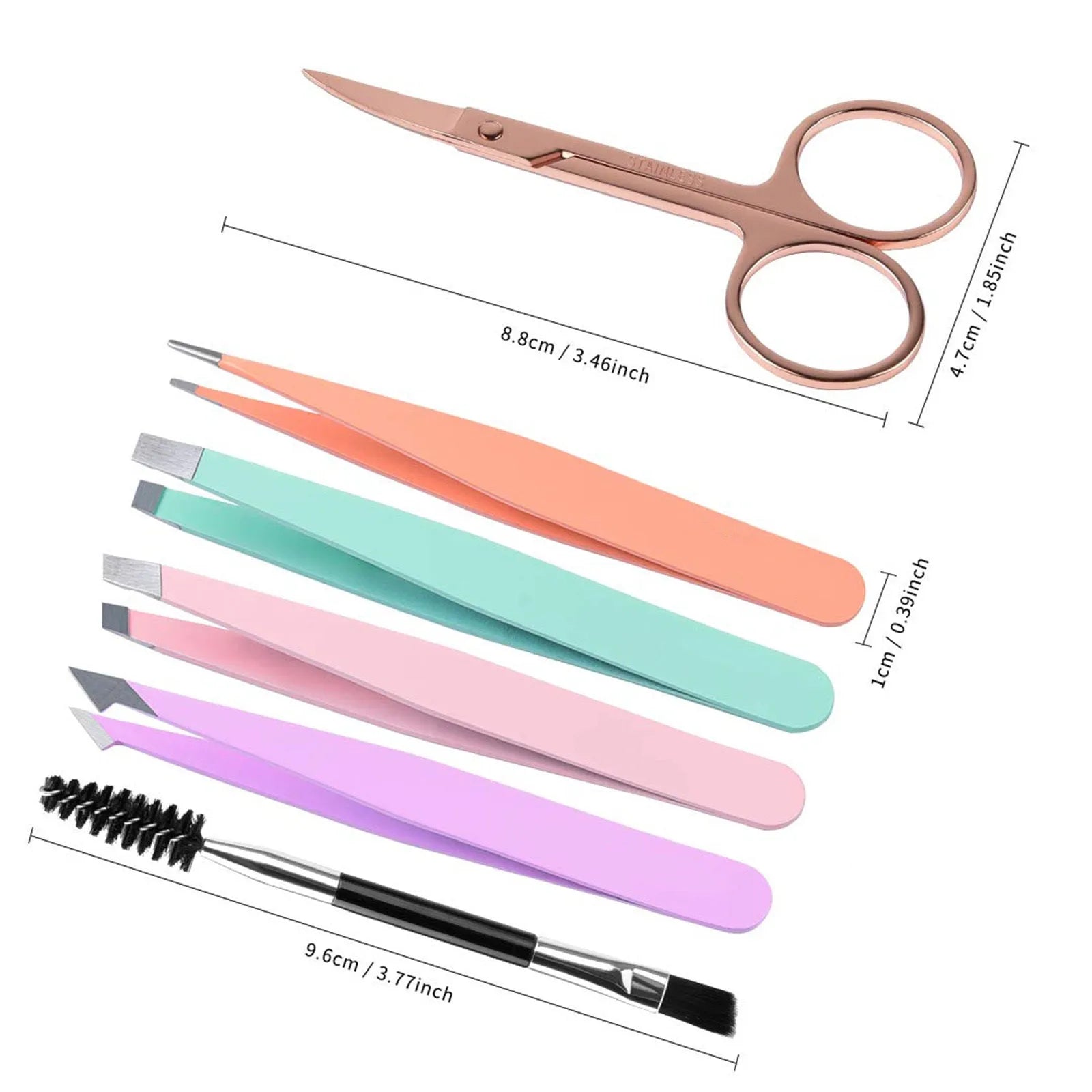 Professional stainless steel eyebrow tweezers set with curved scissors, brush, and leather case.