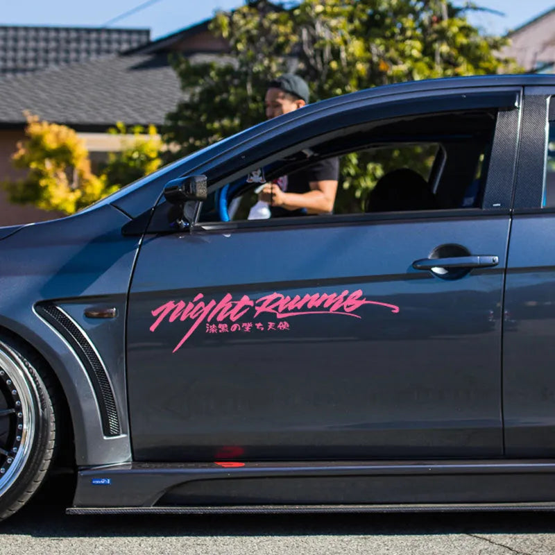 Nightwalker reflective car decal sticker for rear windows shown in black, colourful, and pink colour options.