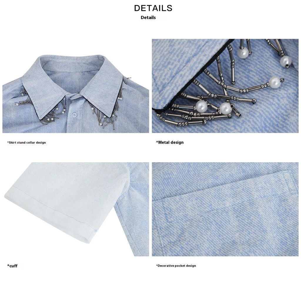 Man wearing a loose fit blue and white gradient short sleeve shirt with quilted details
