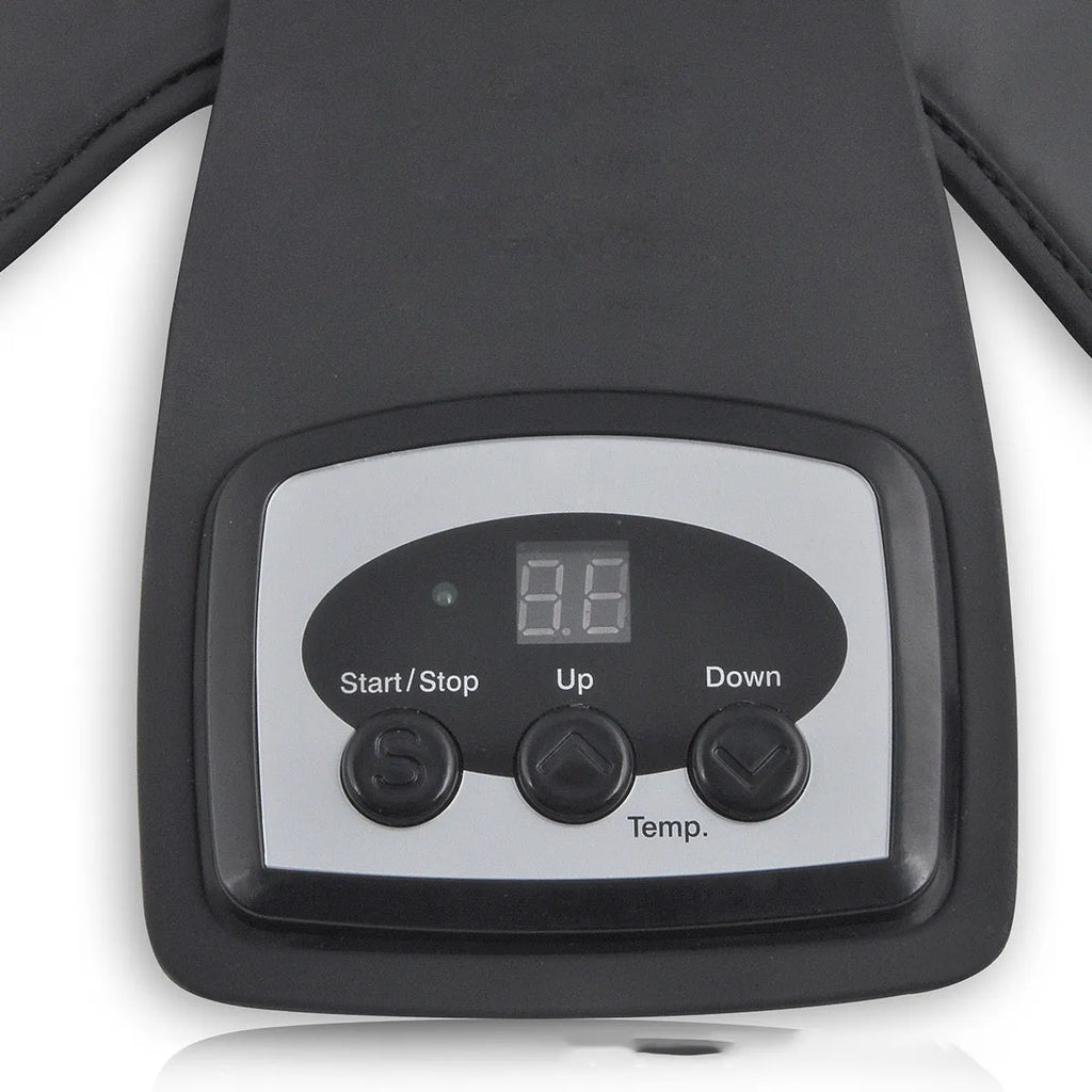 Portable infrared knee and shoulder massager unit with adjustable temperature control and two fabric pads.