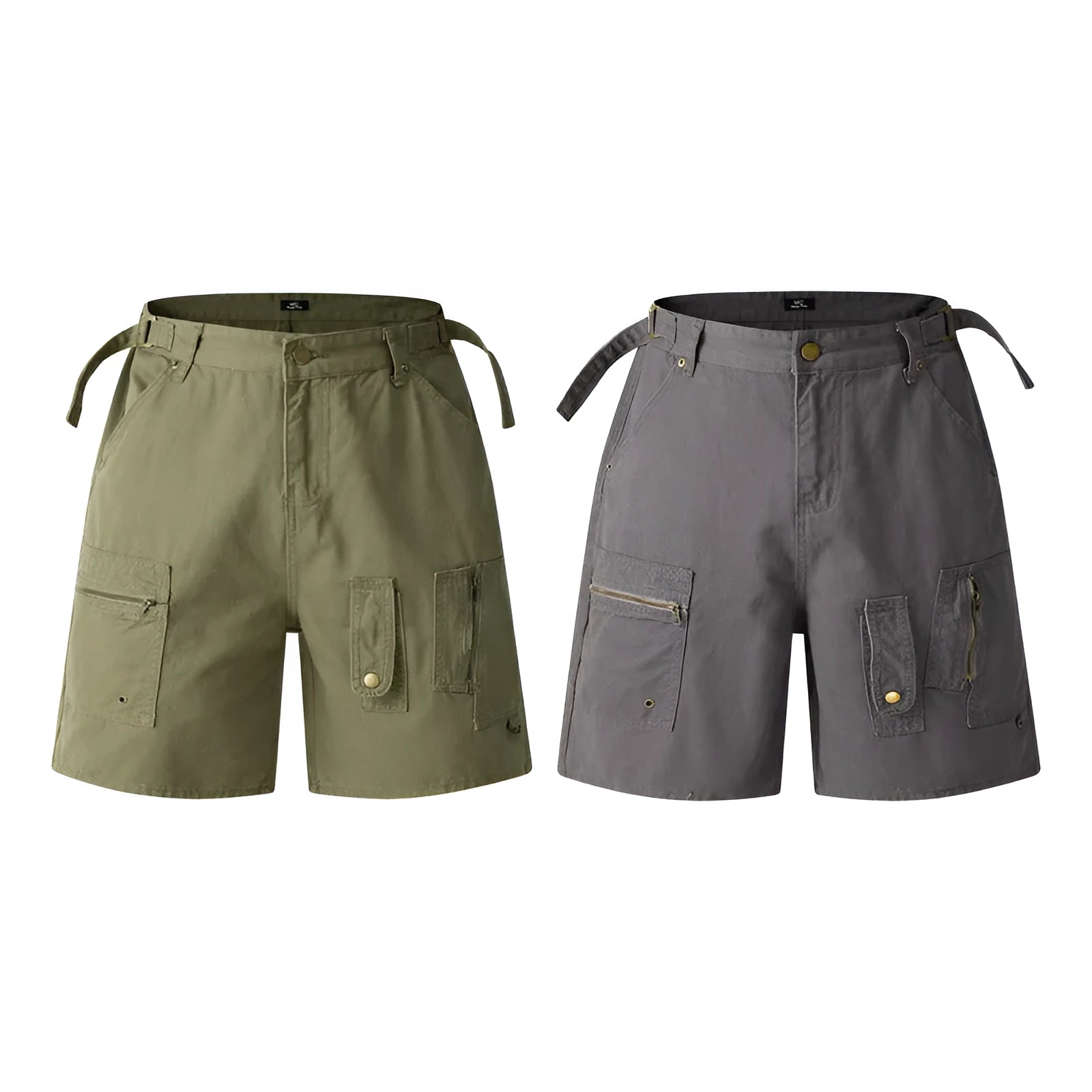 Retro washed cotton workwear shorts in a loose fit, shown in grey, green, camouflage, or blue colour.
