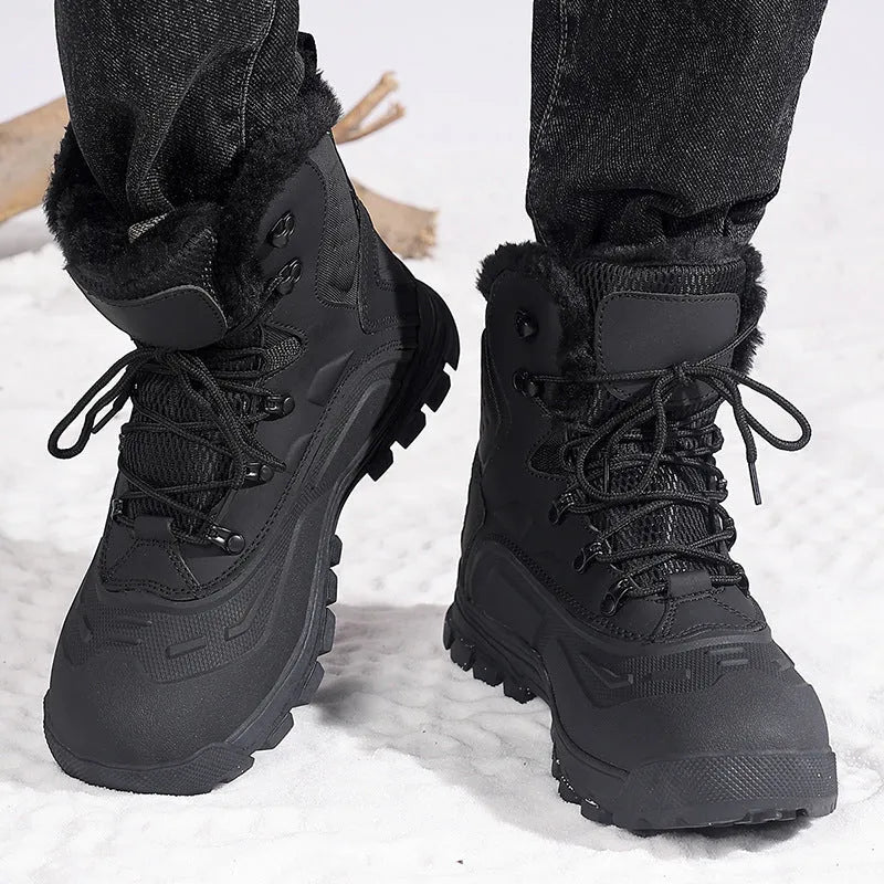 Men's black high-top lace-up boots with fleece lining, shown on a size 45 foot.