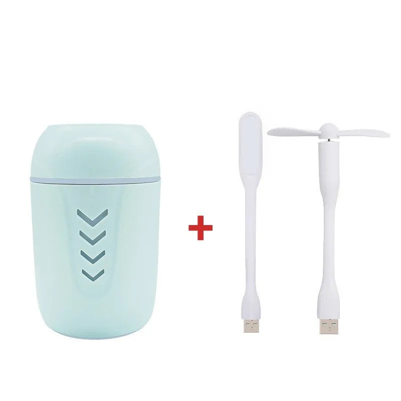 Blue portable car humidifier with USB cable and 200ml water tank capacity