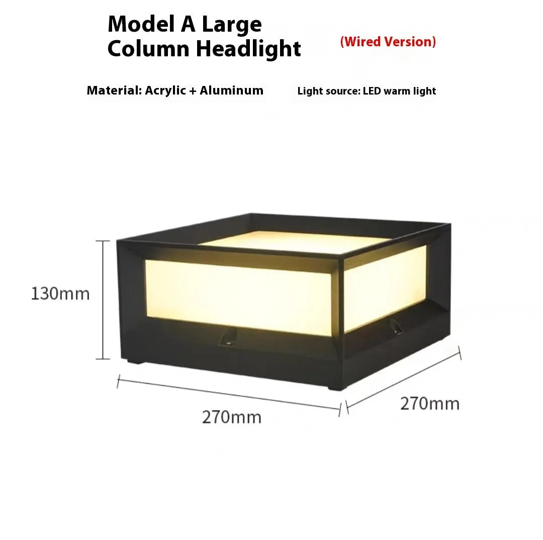 Aluminium outdoor solar LED column light showing two size options for wall or door mounting.