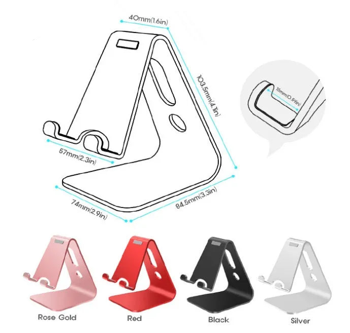 Aluminium alloy universal phone and tablet stand in silver colour on a wooden desk.