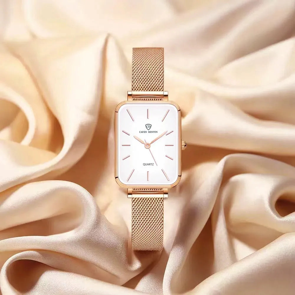 Women's waterproof quartz watch with woven steel strap in rose gold or silver colour