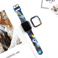 Printed fashion silicone replacement strap for Apple Watch showing multiple design options and 38mm 40mm 42mm 44mm size compatibility.