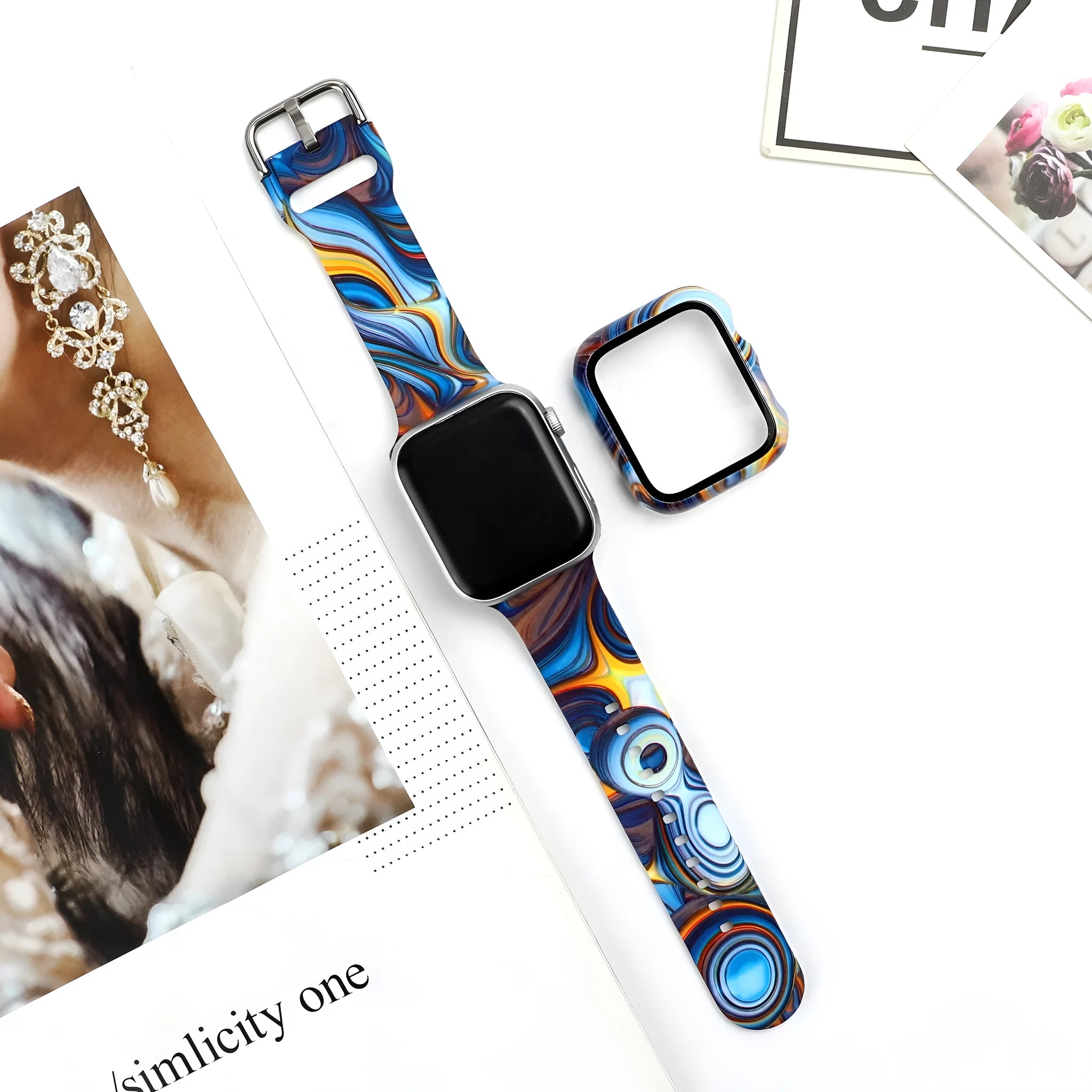 Printed fashion silicone replacement strap for Apple Watch showing multiple design options and 38mm 40mm 42mm 44mm size compatibility.