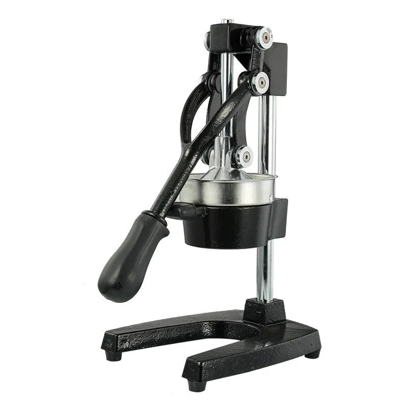 Upgraded black manual cast iron juicer with stainless steel funnel, 40 cm tall on a kitchen counter.