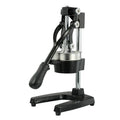Upgraded black manual cast iron juicer with stainless steel funnel, 40 cm tall on a kitchen counter.