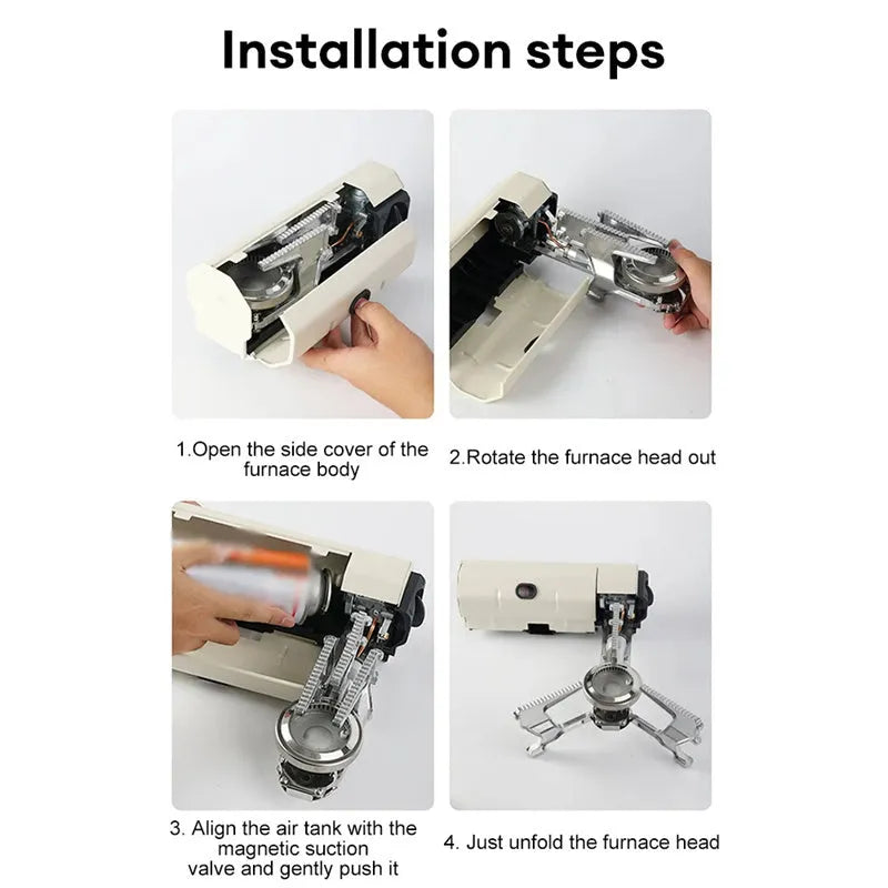 Green portable folding camping gas stove with adjustable valve on a serrated bracket, shown with its storage bag.