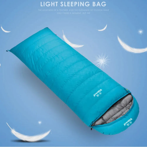 Black outdoor sleeping bag with envelope structure and goose down fill on a campsite.