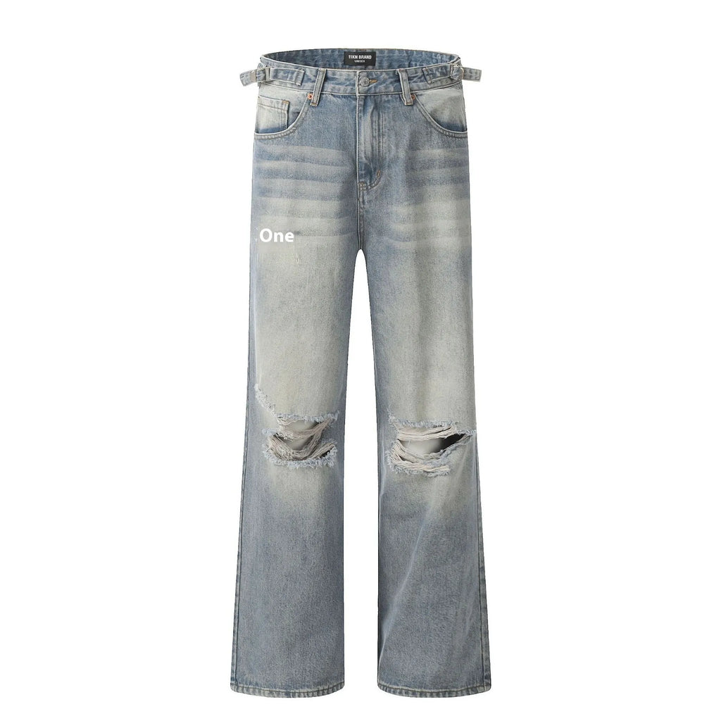 Blue men's straight-leg jeans with ripped distressing detail on the legs.