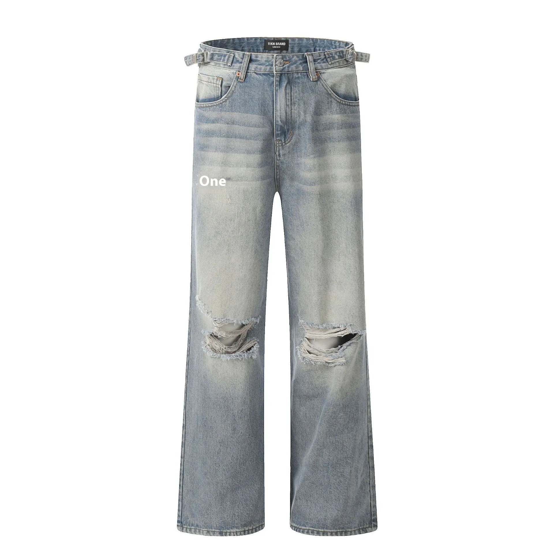 Blue men's straight-leg jeans with ripped distressing detail on the legs.