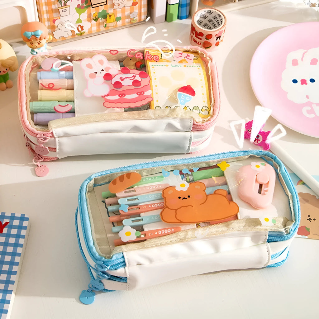 Transparent Japanese pen bag with cute rabbit design in pink and red colour options