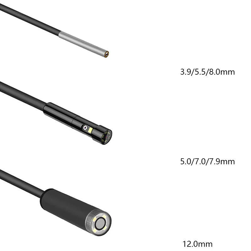 Handheld industrial endoscope with 4.5-inch screen and a thin black inspection probe on a 1-metre cable.