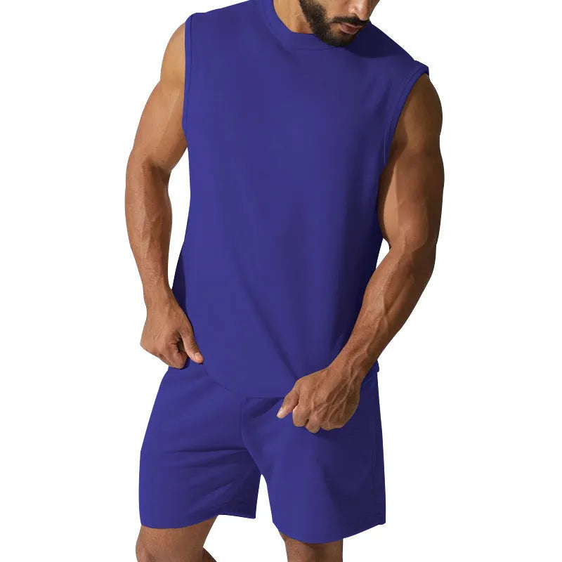 Men's sleeveless sports suit with cotton blend fabric in multiple solid colour options