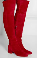 Women's grey suede over-the-knee flat boots with pointed toe and low thick heel