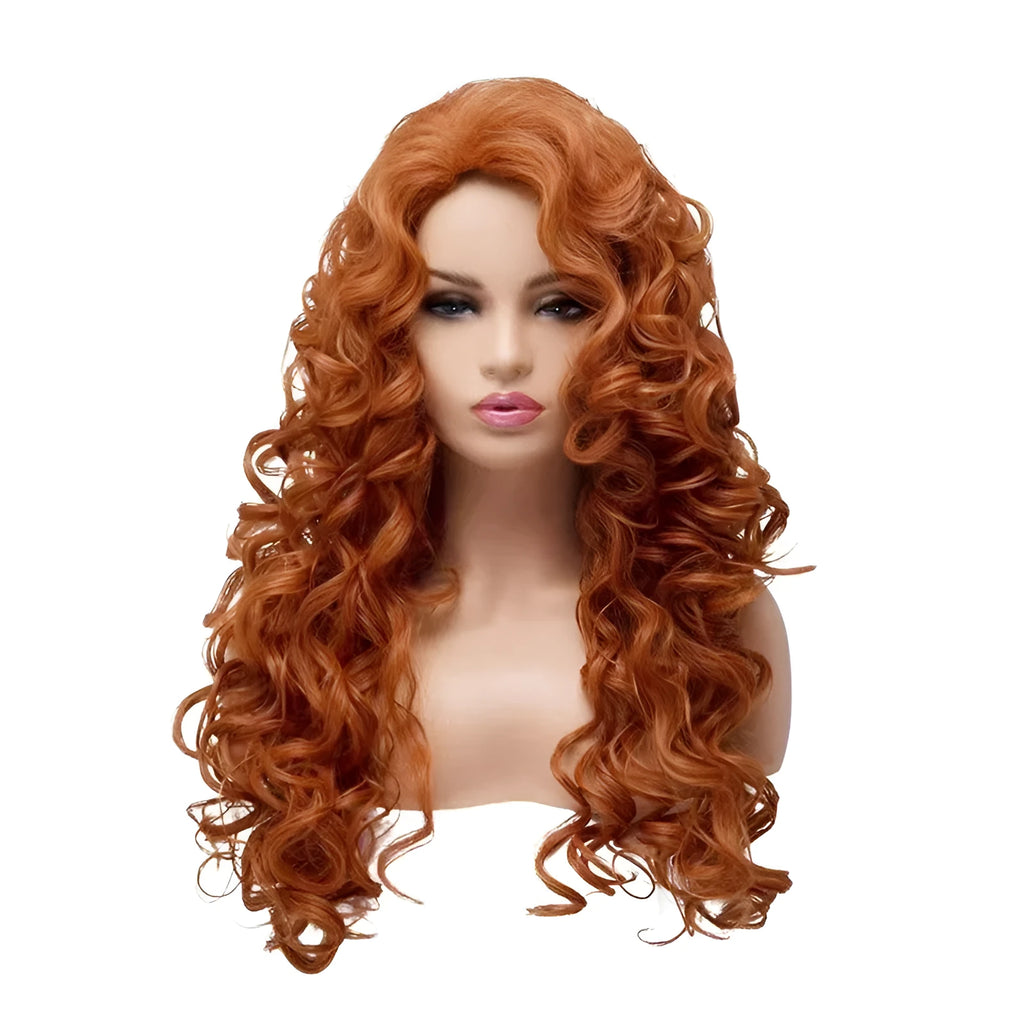 Brown long wavy curly synthetic cosplay wig on a model, showing exotic style.