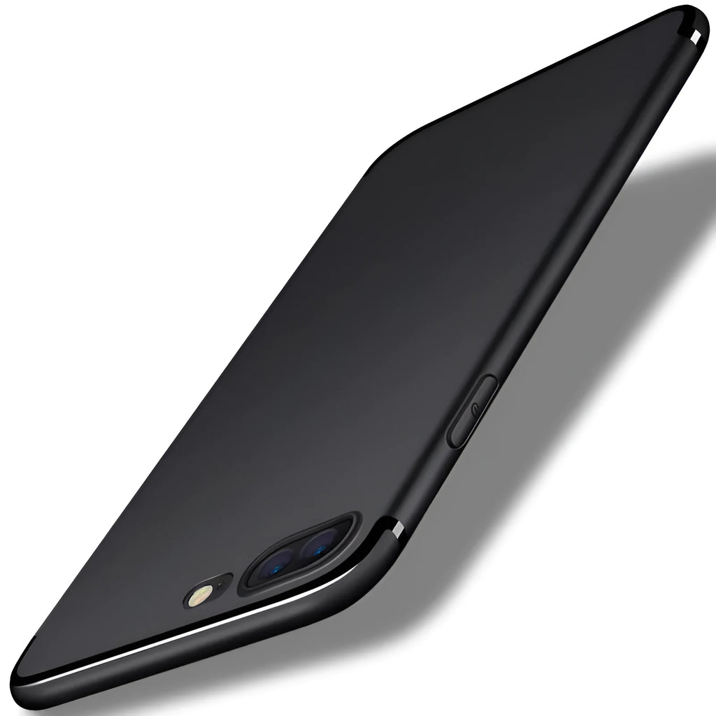 TPU silicone protective case for Apple iPhone on a table, shown in black, blue, red, and white colour options.