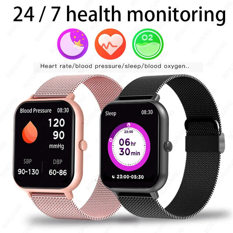 ZL54C smart watch with AMOLED screen showing health stats, available with black, pink, or silver Milan steel strap.