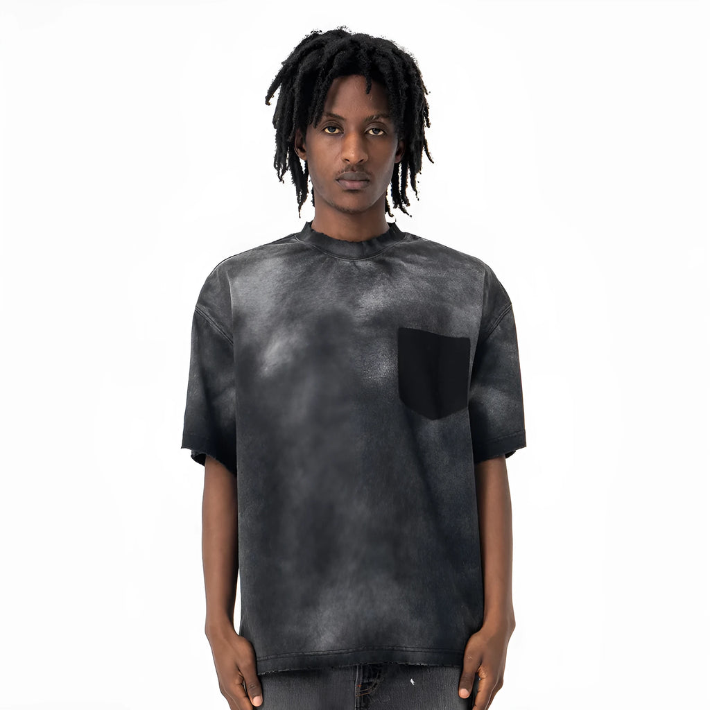Black men's loose fit cotton T-shirt with printed letter pattern and drop-shoulder short sleeves.