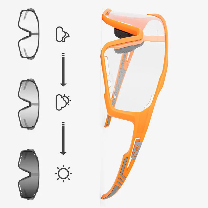 Photochromic cycling sunglasses with a semi-rimless TR90 frame in one of fourteen colour options.