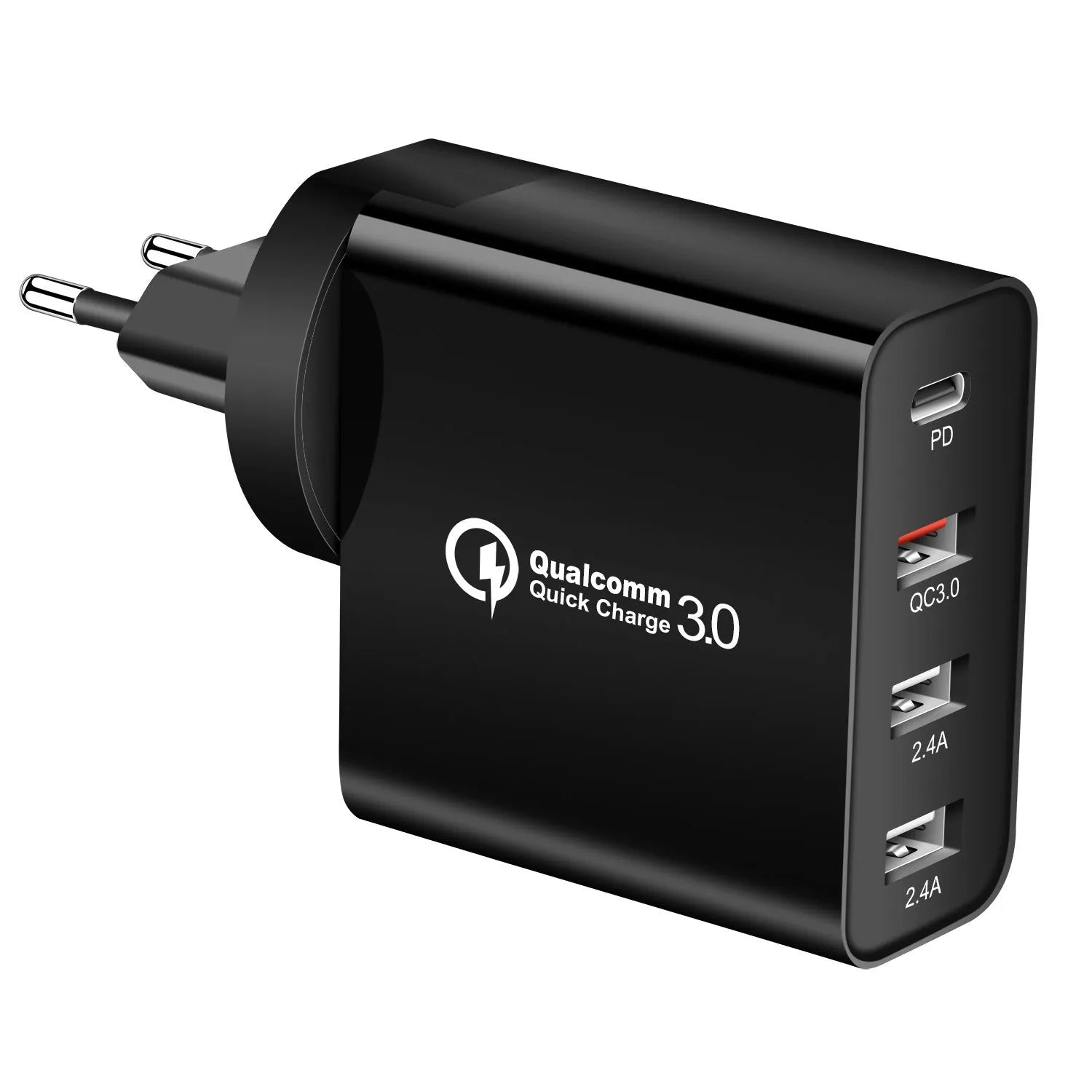 Black and white 48W USB-C PD charger with four ports and AU, EU, UK, US plug adapters